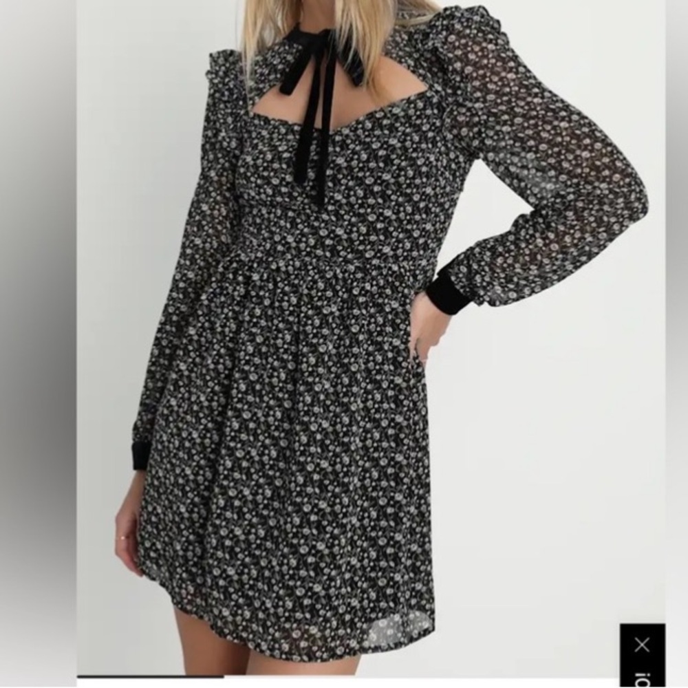 Lulu's Posh Impression Black Floral Print Tie Neck Mini Dress